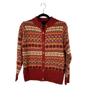 Country Rose Wool Blend Red Fair Isle Fox Print Knit Cardigan Women's Size 8